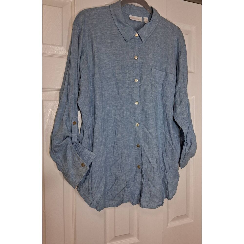 Susan graver womens large linen shirt blue tab sleeve shirt with side pockets - Picture 2 of 8